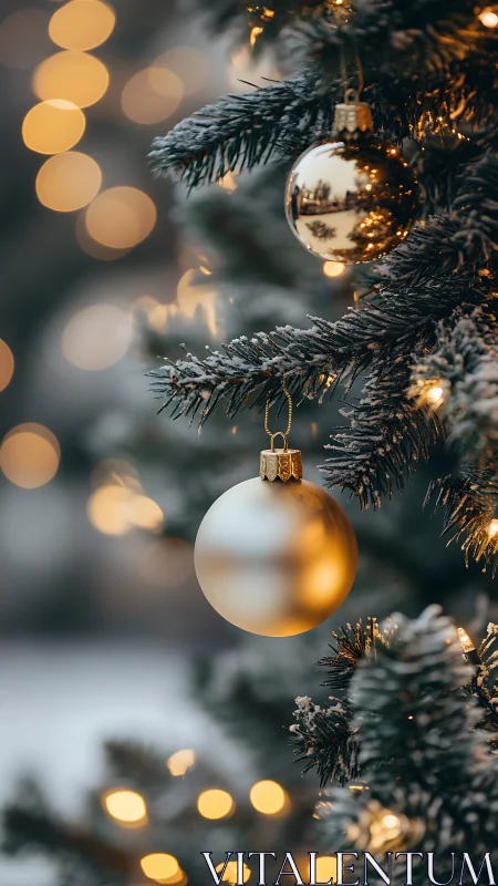 Shallow depth of field isolates frosted tree ornaments and bokeh