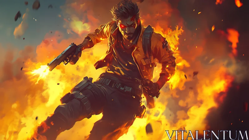 Gunfighter leaps through blazing explosion in heroic slow motion.