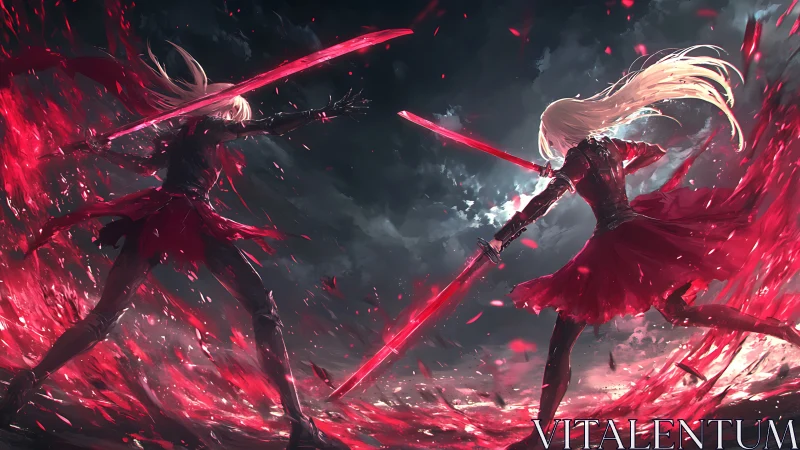 Opposed sword wielders within red energy vortex field.