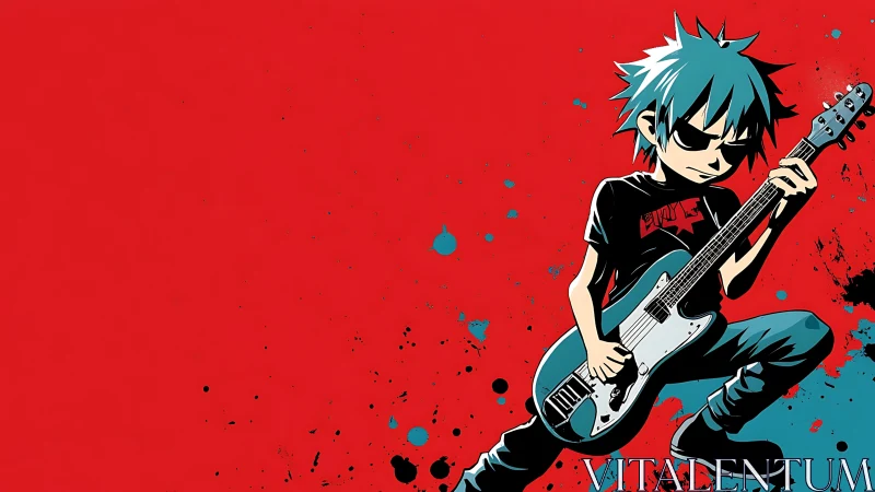Anime punk guitarist with teal hair on red splatter background.