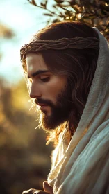 Side-lit robed male profile with thorn circlet under warm bokeh light