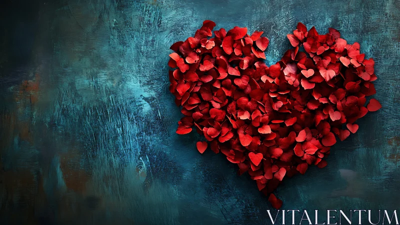Red Rose Petals Arranged as Heart on Textured Blue Surface
