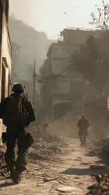 Soldiers advance through ruined city street under hazy light