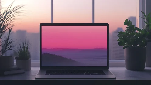Minimalist laptop workspace with pink gradient skyline.
