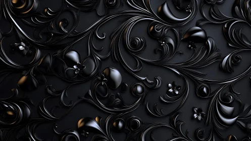 Glossy black baroque floral scrolls create flowing surface