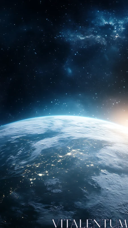 Low Earth orbit sunrise above illuminated nocturnal continents