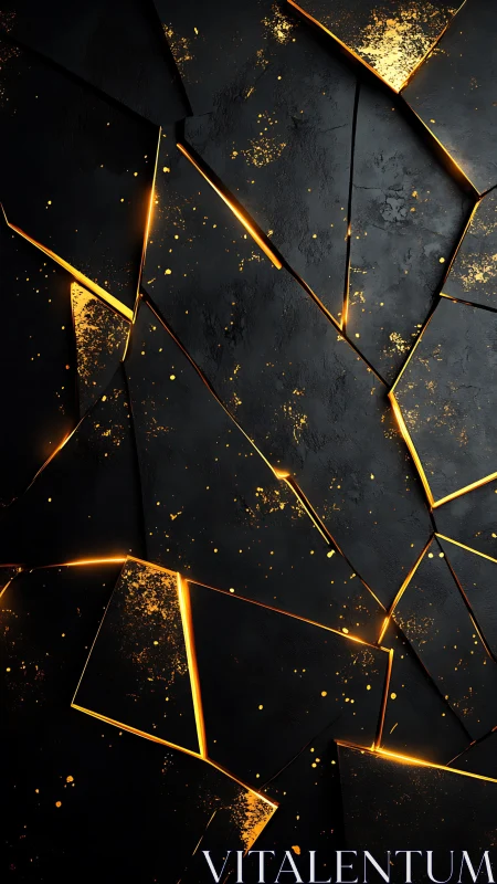 Black geometric panels split by glowing golden seams.
