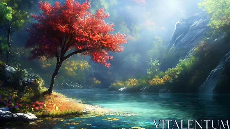 Crimson riverside tree over tranquil turquoise forest pool.