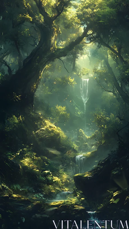 Luminous forest canyon with cascading waterfalls