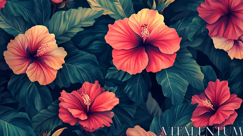 Tropical Hibiscus Blooms Dance Across Emerald Foliage.