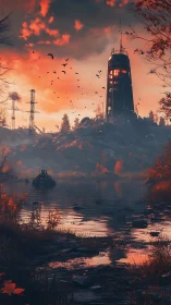 Twilight crows orbit a lonely watchtower over rust-red marsh