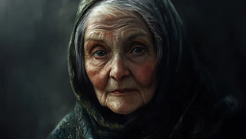 Photorealistic elderly portrait with chiaroscuro headscarf study.