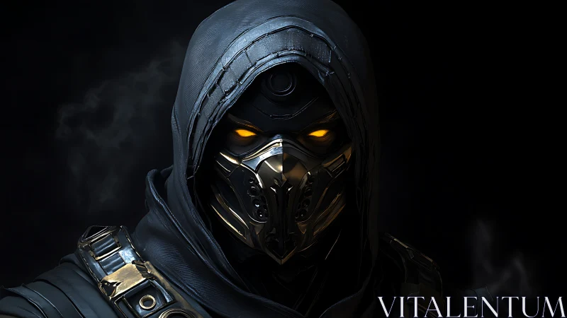 Hooded masked figure with glowing eyes in dark backdrop.