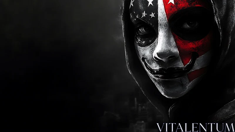 Hooded figure with flag-painted mask rendered in high contrast chiaroscuro