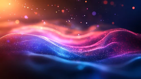 Luminous particle waves in neon gradients and volumetric glow.