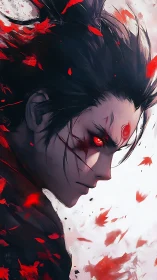 Vengeful anime warrior ignites crimson power amid falling embers