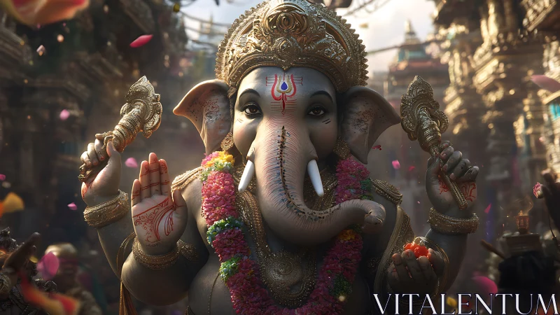 Divine Ganesha idol rendered in cinematic photorealistic detail