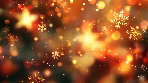 Golden snowflakes glow across warm festive bokeh field
