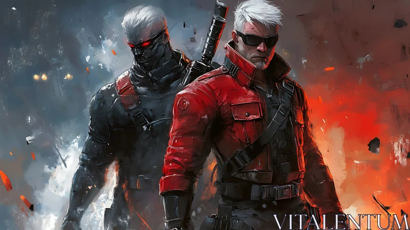 Cybernetic warriors stride through fire and frost-torn chaos.