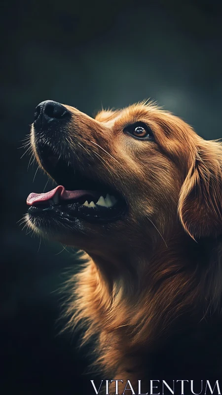 Golden dog head portrait shows side profile in dark light