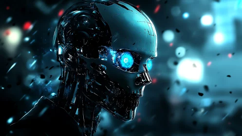 Cybernetic skull with glowing eyes emerges in neon-lit dust