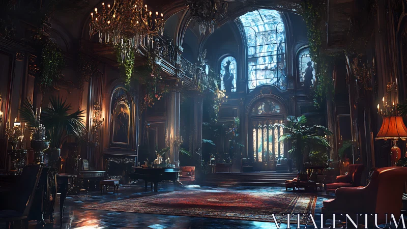 Grand ornate hall with skylight, chandeliers, and lush plants.