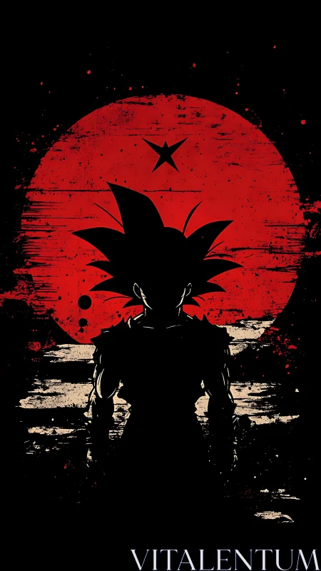 Silhouetted warrior figure before red sun symbol.