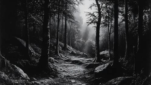 Monochromatic Forest Canopy with Mist and Arboreal Depth Perspective