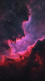 Deep space emission nebula with red and violet ionized gas clouds.