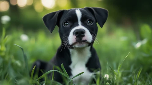 Black and white puppy portrait in shallow depth-of-field meadow.
