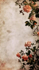 Botanical vignette on distressed parchment ground with roses.