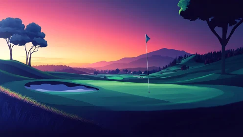 Digital painting of sunset golf green with stylized fairways.
