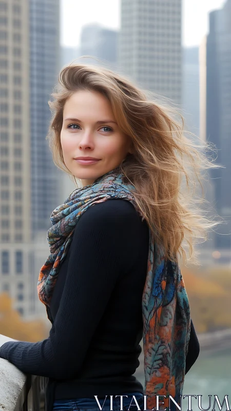 Wind-swept urban portrait with shallow depth and soft bokeh background
