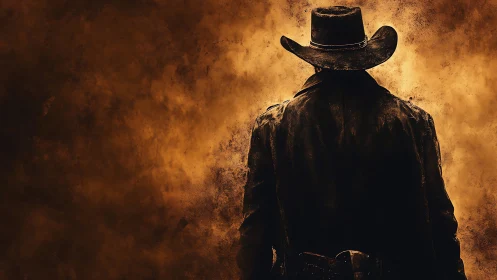 Backlit cowboy silhouette against textured sepia dust field