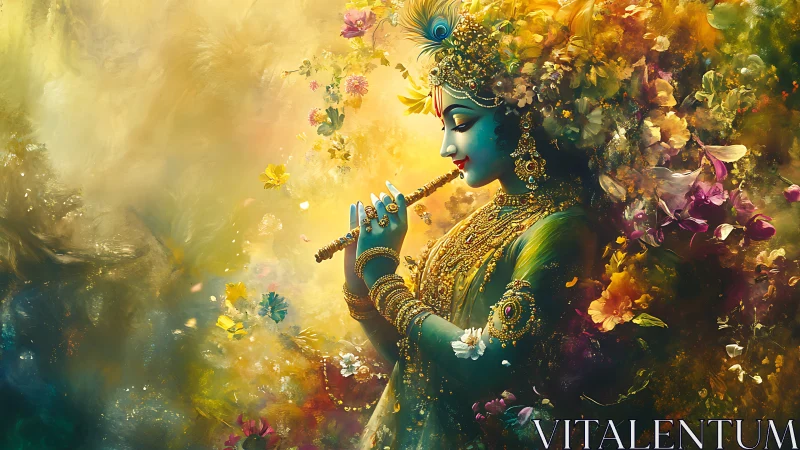 Blue-skinned divine musician plays flute amid dense floral aura