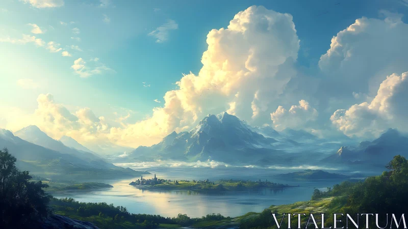 Digital painting of alpine lake valley with luminous cloudscape.