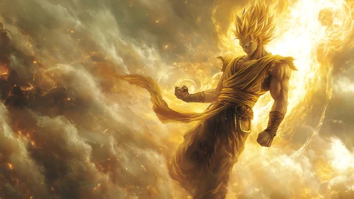 Golden energy warrior ascends through blazing storm clouds.