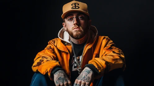 Warm-lit streetwear portrait in bold orange and inked style.