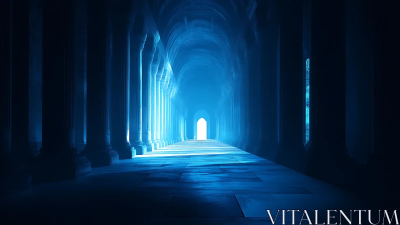 Luminous blue colonnade corridor with vaulted arches and exit