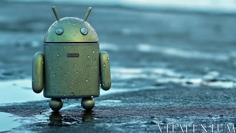 3D metallic android mascot in shallow reflective puddle scene.