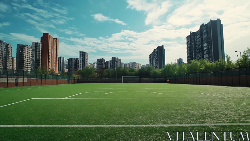 Urban football pitch framed by high-rise residential towers.