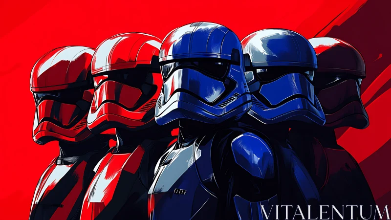 Helmeted sci fi soldiers in red and blue stylized formation.