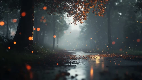 Rainy Path Through Autumn Glow and Misty Light.