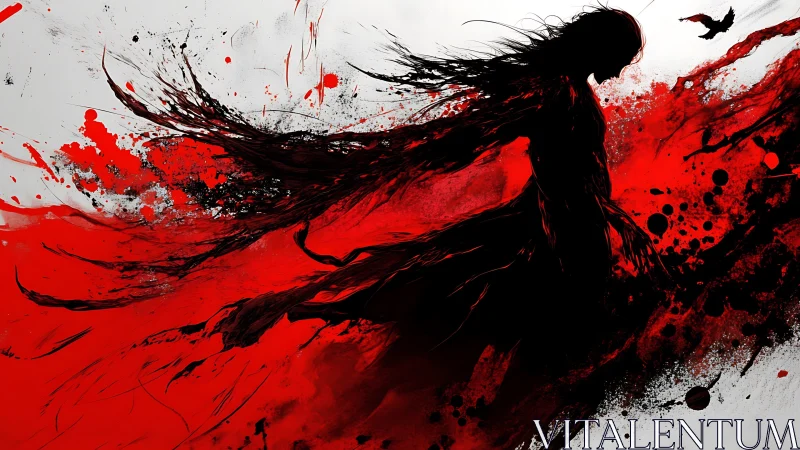 Silhouette warrior dissolving into red abstract storm.