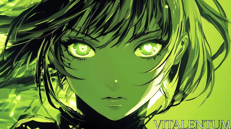 Green-tinted anime portrait with intense glowing eyes.