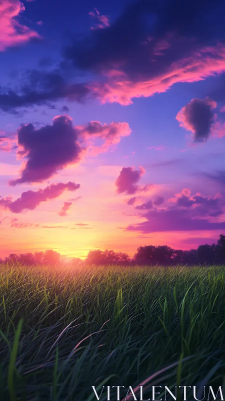 Radiant sunset over dewy meadow beneath magenta clouds.
