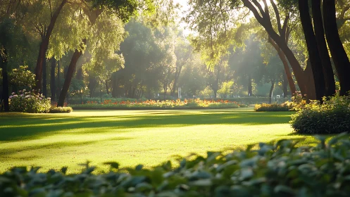 Sunlit park lawn shows structured tree line and flower beds