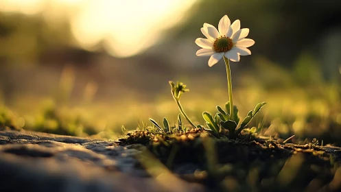 Daisy stands alone in warm golden hour meadow light.