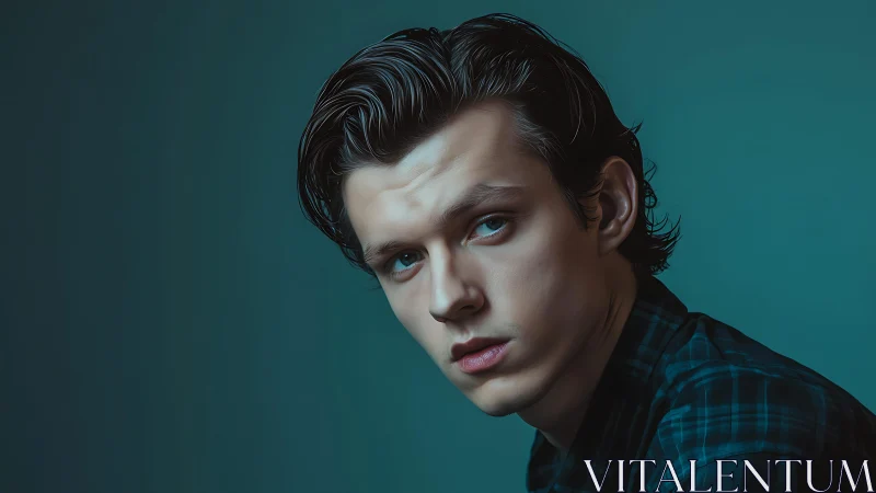 Moody teal portrait shows introspective young man gazing.