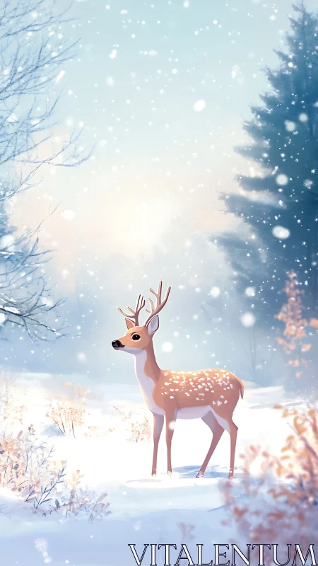 Snow-kissed young stag pausing in a pastel winter hush.